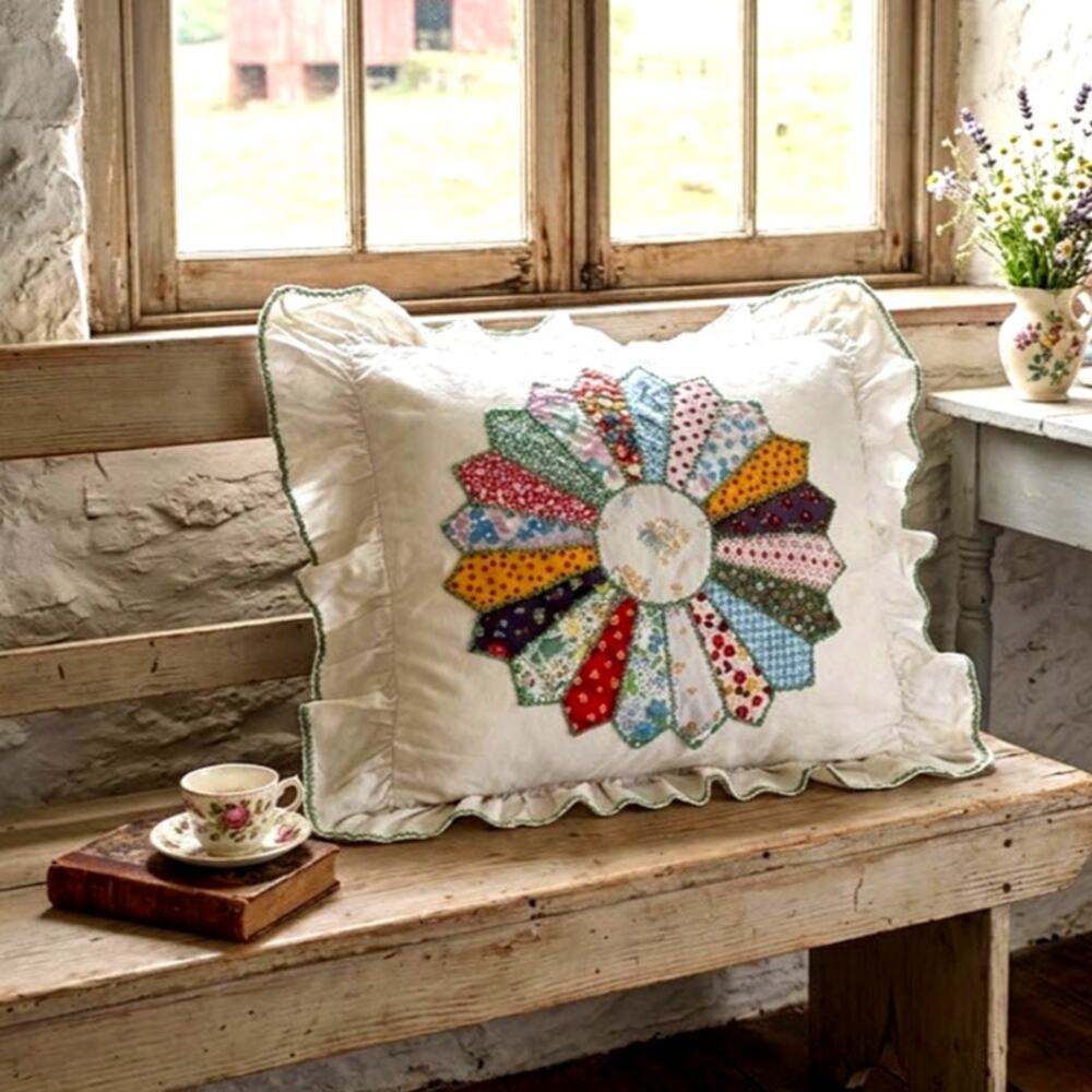 Handmade Dresden plate patchwork pillowcase sham vintage green embroidered trim